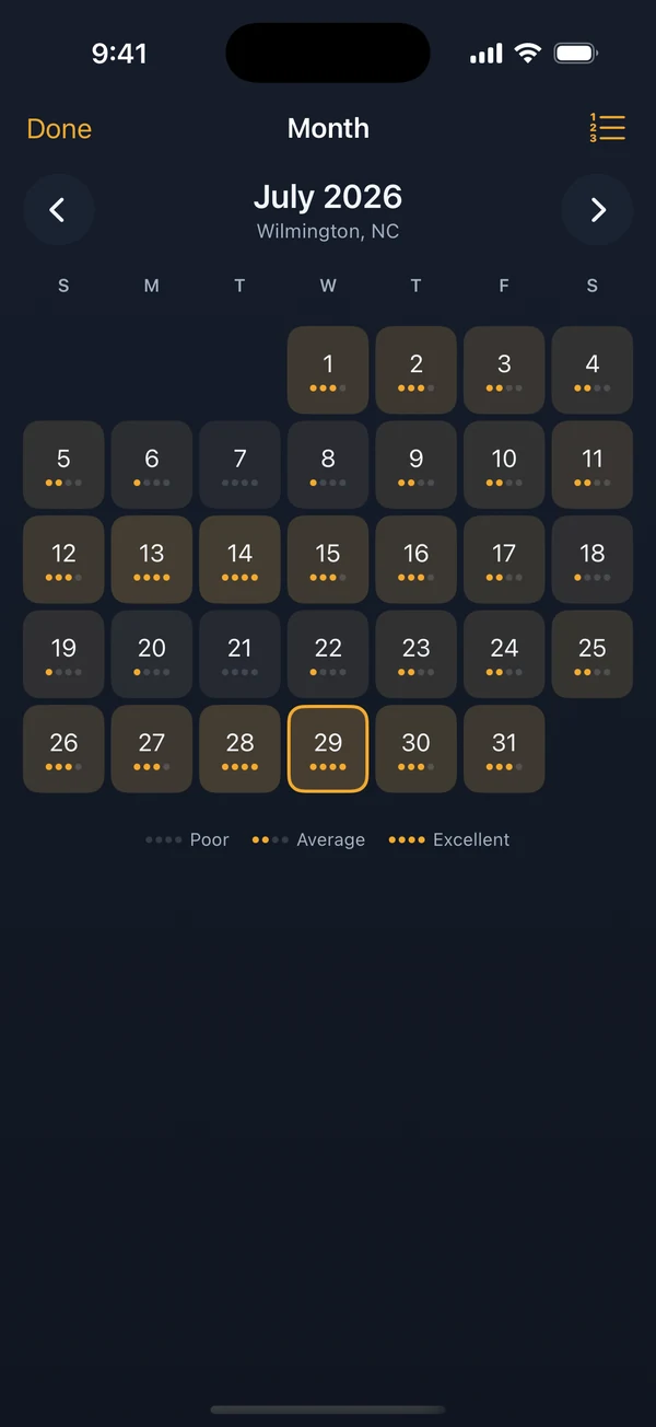 A month calendar in Solunar, each day carrying its rating so the good days stand out at a glance.