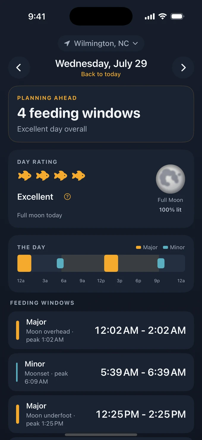 The Solunar Today screen showing a four fish day rating, a countdown to the next feeding window, and the major and minor windows listed with their times.